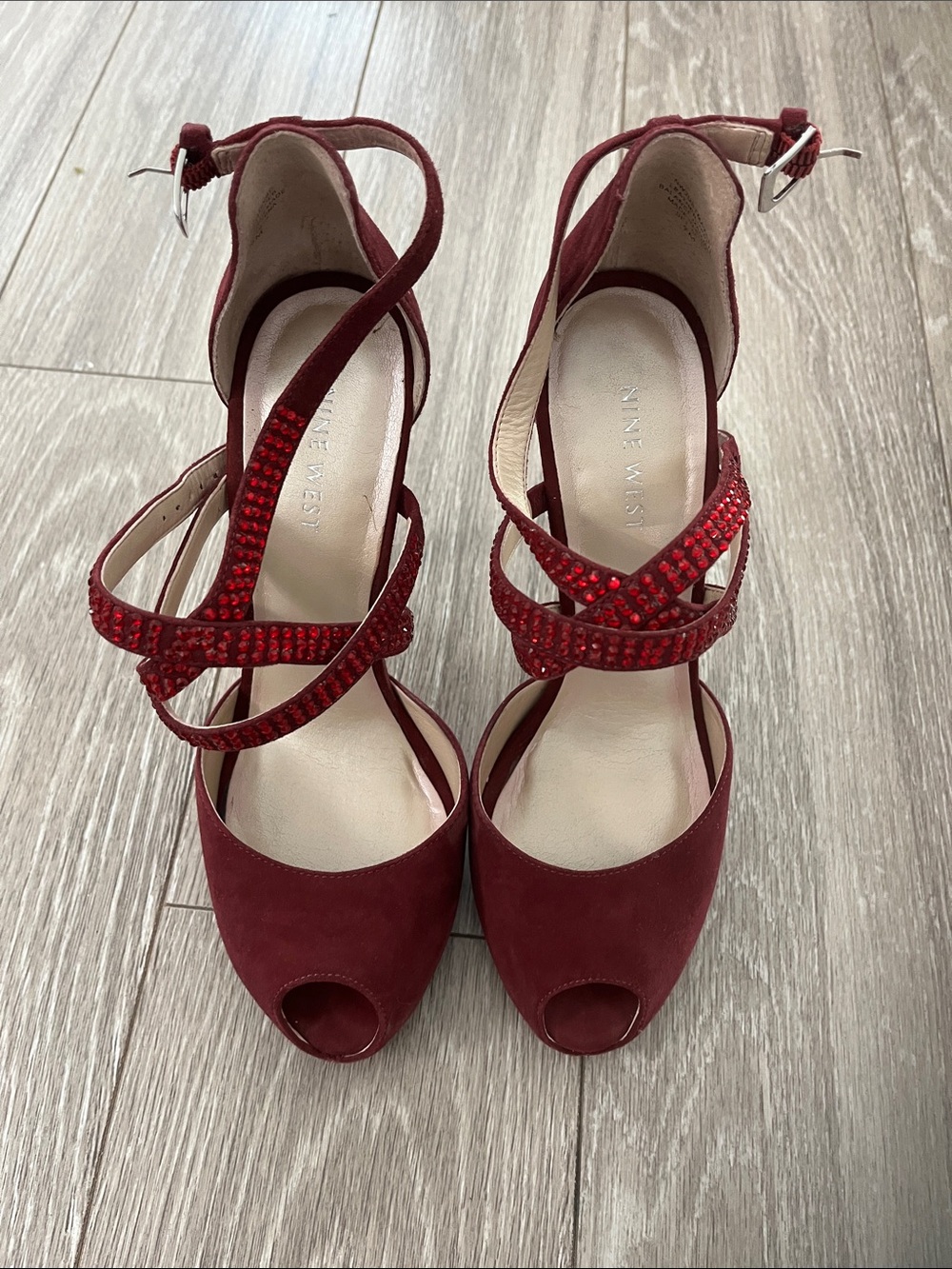 Nine West Wine Red Suede Peep-Toe Heels with Rhinestone Straps